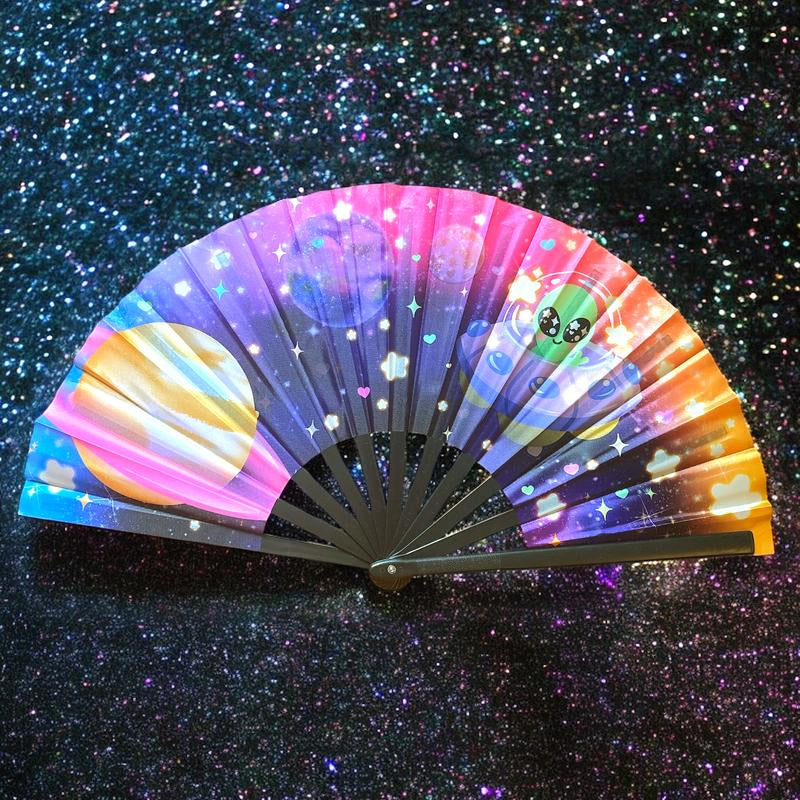 Rainbow Clacking Fan Hand Folding Fan with Original Kawaii Anime Magical Girl Inspired Angel Wings Artwork