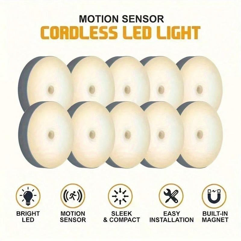 5/10Pcs USB Rechargeable Motion Sensor LED Night Lights - Warm & White, Automatic On/Off, Long-Lasting Battery, Compact Design for Stairs, Bedrooms, Cabinets & Wardrobes, Perfect Holiday Gift, Motion Sensor Light Indoor Rechargeable
