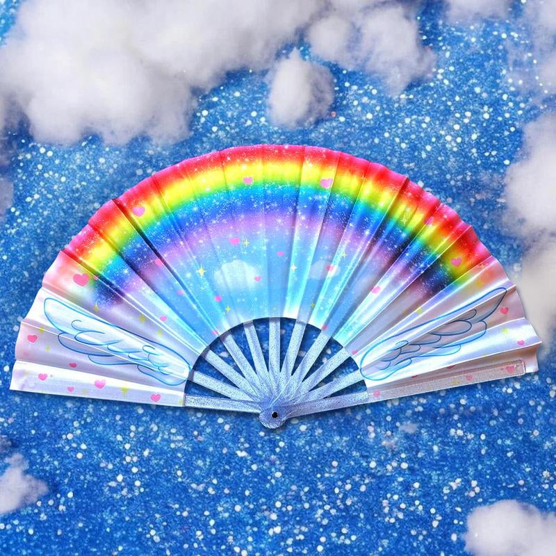 Rainbow Clacking Fan Hand Folding Fan with Original Kawaii Anime Magical Girl Inspired Angel Wings Artwork