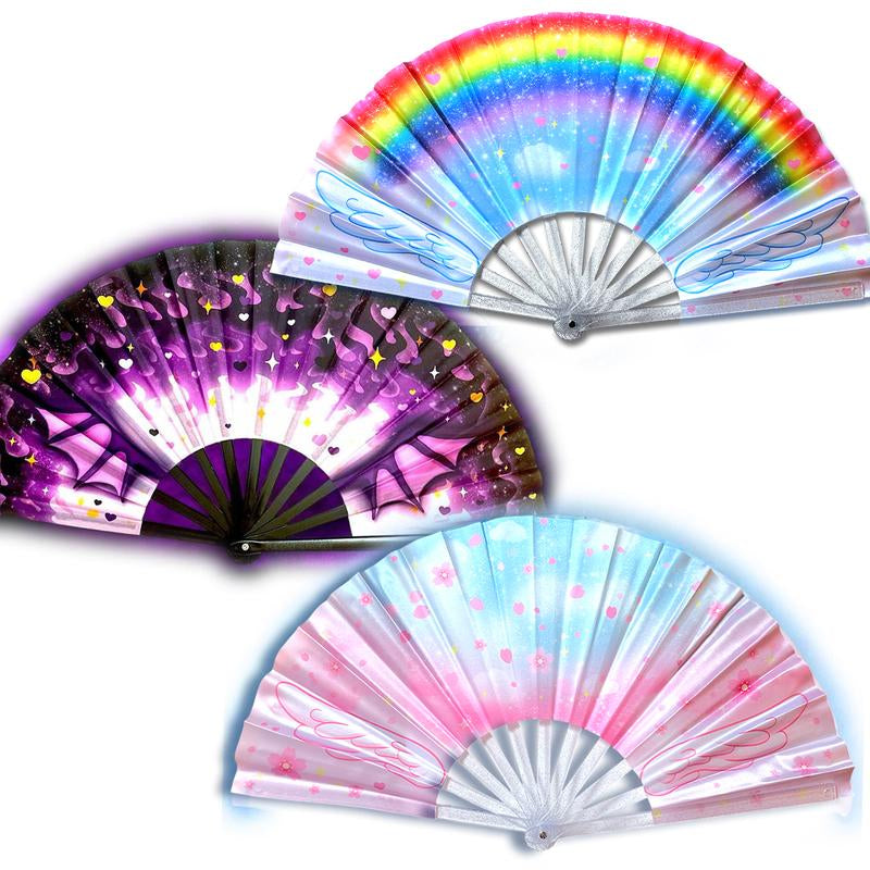 Rainbow Clacking Fan Hand Folding Fan with Original Kawaii Anime Magical Girl Inspired Angel Wings Artwork