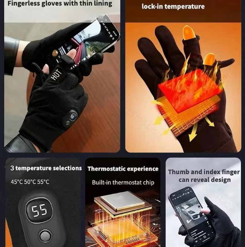 Heated Electric Gloves with Detachable Thumb and Index Finger, 3-Speed Temperature Adjustment, Rechargeable Hand Warmer, Thermal Gloves, Cycling Gloves. Equipped with a 3000Mah Battery (Washable after Disassembly), Suitable for Cycling, Gaming and Other