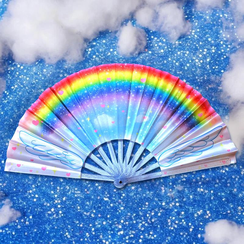 Rainbow Clacking Fan Hand Folding Fan with Original Kawaii Anime Magical Girl Inspired Angel Wings Artwork